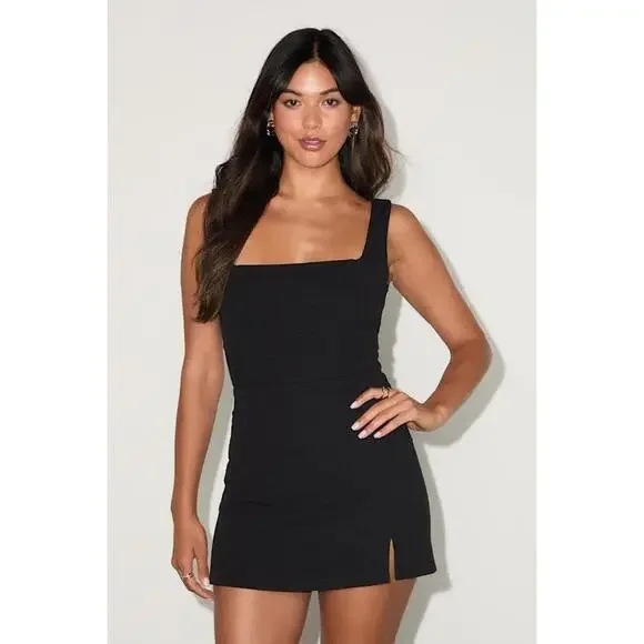 Lulus Admiring Cutie Black Square Neck Cutout Twist-back Skort Romper - Size L - Picture 1 of 4